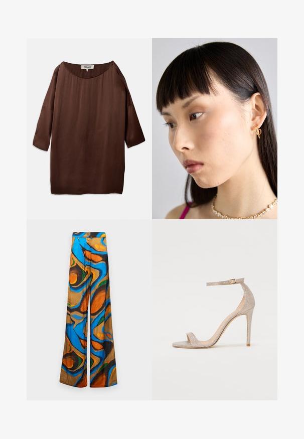 Blouse marron, ample avec un col bateau large et des manches trois-quarts, fabriquée dans un tissu lisse et texturé. Le haut présente des plis subtils.; Pantalons à jambe large avec un motif abstrait multicolore comprenant des teintes de bleu, d'orange et de marron. Fabriqués en tissu léger avec une texture lisse.; Sandale à talons hauts avec lanières en rose doré métallisé, présentant un dessus texturé, un bout ouvert et une sangle de cheville avec une boucle dorée.; Boucle d'oreille en or portée à l'oreille droite, avec un design ouvert. Le modèle a les cheveux lisses et foncés et un maquillage minimal.