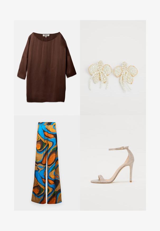 Ruskea, löysä paita, jossa on leveä venepäänti ja kolmivuorihihat, valmistettu sileästä, tekstuurista kankaasta. Paidassa on hienovaraisia ryppyjä.; Suorat lahkeet, joissa on monivärinen abstrakti kuvio sinisen, oranssin ja ruskean sävyissä. Valmistettu kevyestä kankaasta, jossa on sileä rakenne.; Korkokenkä metallisessa ruusukullassa, jossa on teksturoitu yläosa, avoin kärki ja nilkkaremmissä kullanvärinen solkiyksityiskohta.; Helmi kukka korvakorut kultaisilla yksityiskohdilla. Jokainen terälehti sisältää pieniä pyöreitä helmiä, jotka on järjestetty kukkamuotoon ja joihin on lisätty roikkuvia helmikoristeita.
