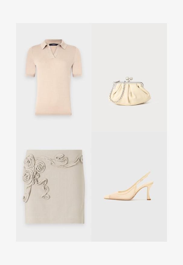Polo de manga curta bege, feito de um suave tecido de malha. Apresenta um colarinho em V e punhos canelados. Textura suave com um corte ajustado.; Saia de linho bege com apliques de rosáceas em tecido texturizado e detalhes de fita entrelaçada para um visual dimensional. Acabamento suave.; Sandalete de salto alto em malha bege claro com bico fino e um salto slim e curvado, apresentando um detalhe de fivela minimalista.; Clutch de couro bege plissado com uma estrutura de metal prateado, apresentando dois fechos decorativos redondos e uma alça de corrente prateada.