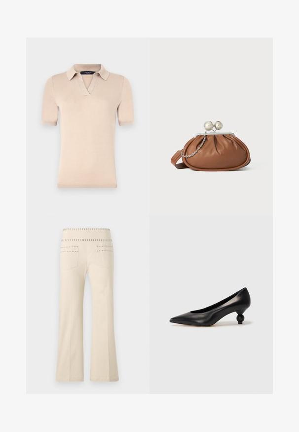 Beige lyhythihainen polo-paita, joka on valmistettu pehmeästä neuloksesta. Siinä on V-päinen kaulus ja ribattu hihansuu. Sileä pinta ja vartalonmyötäinen muoto.; Cremevärvilised laiad püksid, millel on narmastega kaunistused vöökoht ja tagataskud, valmistatud pehmest ja struktureeritud kangast.; Musta nahkakengät korkealla korolla, joissa on terävä kärki ja pyöreä, pallomainen korko. Sileä pinta ja tyylikäs, minimalistinen muotoilu.; Ruskolehti nahka käärimispuss, jossa on hopeinen pallo-osa ja pieni hopeaketjuvalinta valkoista taustaa vasten.