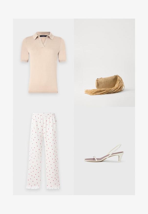 Beżowa koszulka polo z krótkim rękawem, wykonana z miękkiej dzianiny. Posiada kołnierzyk w kształcie V oraz ryflowane mankiety. Gładka tekstura i dopasowany krój.; Luźne białe spodnie piżamowe z nadrukiem czerwonych truskawek, elastyczna talia i falbany na brzegach. Wykonane z lekkiego materiału i proste nogawki.; Białe sandały na koturnie z cienkimi paskami i gładką skórzaną fakturą; zawierają małą dekoracyjną klamrę.; Cult Gaia VIERA beżowy