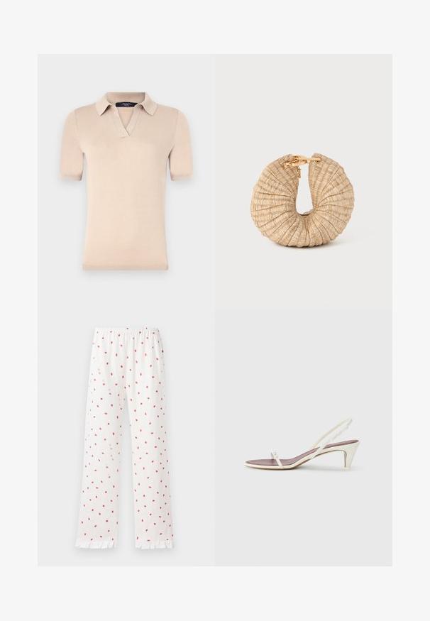 Beige polo tričko s krátkým rukávem vyrobené z měkkého pleteného materiálu. Má výstřih do V a manžety s žebrováním. Hladká textura s přiléhavým střihem.; Volné bílé pyžamové kalhoty s potiskem červených jahod, elastický pás a volánové lemy. Lehce látkové a rovné nohavice.; Bílé sandály na podpatku s tenkými pásky a hladkým koženým povrchem; mají malou dekorační přezku.; Cult Gaia UBAH - Psaníčko - wheat