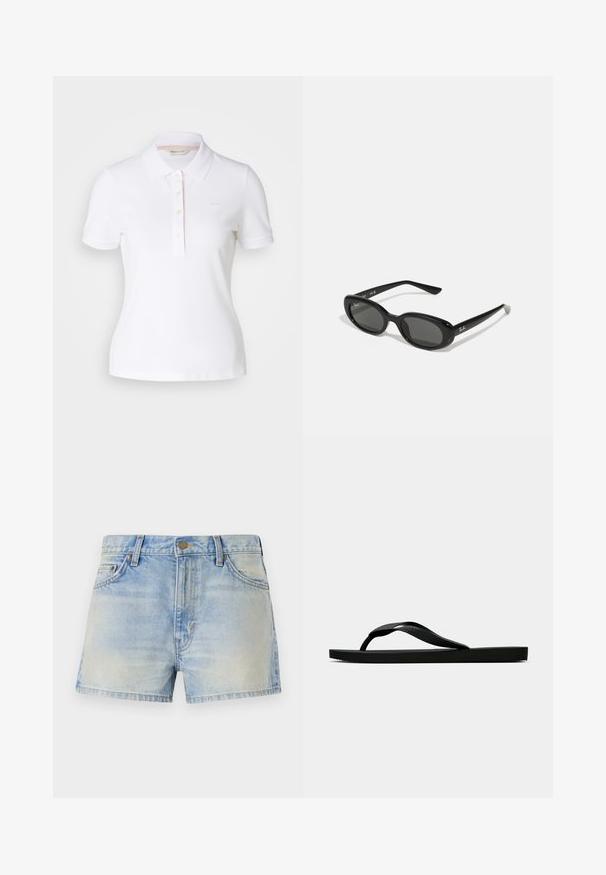 Tricou alb cu guler clasic, mâneci scurte, placket cu cinci nasturi și branding subtil tonal pe piept; material din bumbac.; Shorts din denim de culoare albastră deschisă, cu un design cu talie înaltă, având două buzunare frontale și o decolorare subtilă pentru un aspect uzat. Închidere cu buton metalic.; Sandala flip-flop din cauciuc negru, cu un bretele texturat și o talpă simplă și plată, prezentată din lateral pe un fundal simplu și deschis.; Ochelari de soare negri, cu lentile ovale, cadru din plastic lucios și brațe subțiri. Prezentă logo-ul Ray-Ban în alb pe lateral.; Geantă de mână din piele neagră cu o formă structurată, o textură netedă și o singură curea de umăr. Are un design subtil cu clapetă rotunjită.