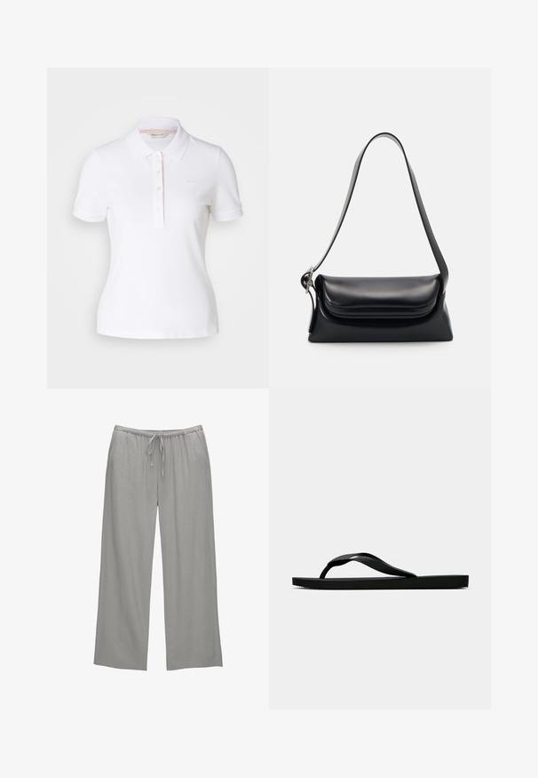 Weißes Poloshirt mit klassischem Kragen, kurzen Ärmeln, einer Knopfleiste mit fünf Knöpfen und dezentem, einfarbigem Branding auf der Brust; aus Baumwollmaterial.; Helle graue weite Hose aus weichem Stoff, mit einem elastischen Bund und Kordelzug sowie seitlichen Taschen.; Schwarze Gummi-Flip-Flop-Sandale mit einem strukturierten Riemen und einfacher flacher Sohle, von der Seite auf einem schlichten hellen Hintergrund dargestellt.; Schwarze Lederhandtasche mit strukturiertem Design, glatter Textur und einem einzelnen Schulterriemen. Verfügt über ein dezentes, abgerundetes Klappendesign.