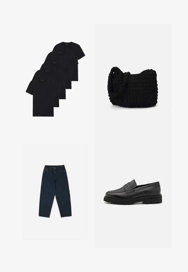 Viie musta ümarakaelusega T-särgi pakk. Lühikesed varrukad, puuvillane materjal, tavaline lõige. Sile tekstuur, ilma nähtavate mustrite või kaunistusteta.; Tumedad sinised kõrge vöökohaga teksad, millel on lõtv istuvus, viie tasku ja nööpidega sulgemine. Valmistatud siledast denimist.; Mustmustest mustat, ümarate varvastega, õmmeldud detailidega ja paksu, tekstuuriga tallaga mustad nahkloaferid. Omab lihtsat ja minimalistlikku disaini.; Must mustkott, millel on tekstuuriga tikitud muster. Ümar kuju, lühikesed ja jämedad sangad ning pehme, paindlik struktuur.