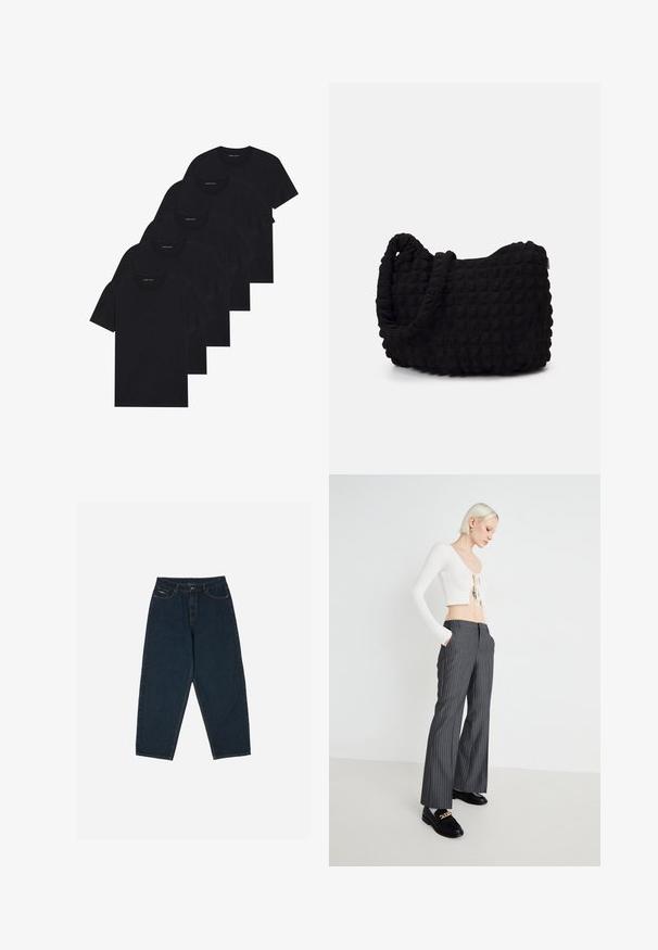 Confezione di cinque t-shirts nere a girocollo. Maniche corte, materiale in cotone, vestibilità standard. Texture liscia senza motivi o abbellimenti visibili.; Jeans a vita alta blu scuro con una vestibilità rilassata, dotati di cinque tasche e chiusura con bottone. Realizzati in denim con una texture liscia.; Top corto bianco a coste con dettaglio annodato, abbinato a pantaloni a gamba larga grigio a righe. Il modello indossa mocassini neri con dettagli dorati, in piedi su uno sfondo neutro.; Borsa in tessuto nero con un motivo trapuntato e texture. Forma arrotondata, manici corti e spessi, e una struttura morbida e flessibile.