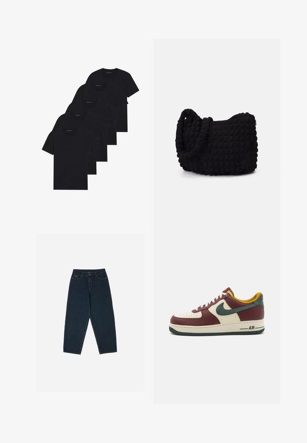Förpackning med fem svarta t-shirts med rund halsringning. Korta ärmar, i bomull, standard passform. Slät textur utan synliga mönster eller dekorationer.; Mörkblå, högmidjade jeans med avslappnad passform, som har fem fickor och knappstängning. Tillverkade av denim med en slät yta.; Mörkröd och krämfärgad lädersneaker med gröna mockadetaljer, rund tå, vita snören och Air-logotyp på sidan och sulan.; Svart tygväska med en strukturerad, vadderad yta. Rund form, korta, tjocka handtag och en mjuk, flexibel struktur.