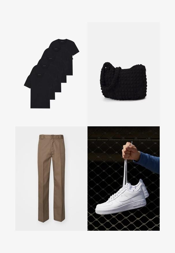 Viie musta ümarakaelusega T-särgi pakk. Lühikesed varrukad, puuvillane materjal, tavaline lõige. Sile tekstuur, ilma nähtavate mustrite või kaunistusteta.; Pruunid püksid, millel on tasane eesmine osa, sirged jalad ja klassikaline vöökoht. Valmistatud vastupidavast kangast, ei ole nähtavaid mustreid ega kaunistusi.; Valged nahast tennisetossud, millel on perforatsioonid, ümar nina, lame tallus ja paksud nöörid, nähtava swooshi logoga ja "AIR" kontsadel.; Must mustkott, millel on tekstuuriga tikitud muster. Ümar kuju, lühikesed ja jämedad sangad ning pehme, paindlik struktuur.