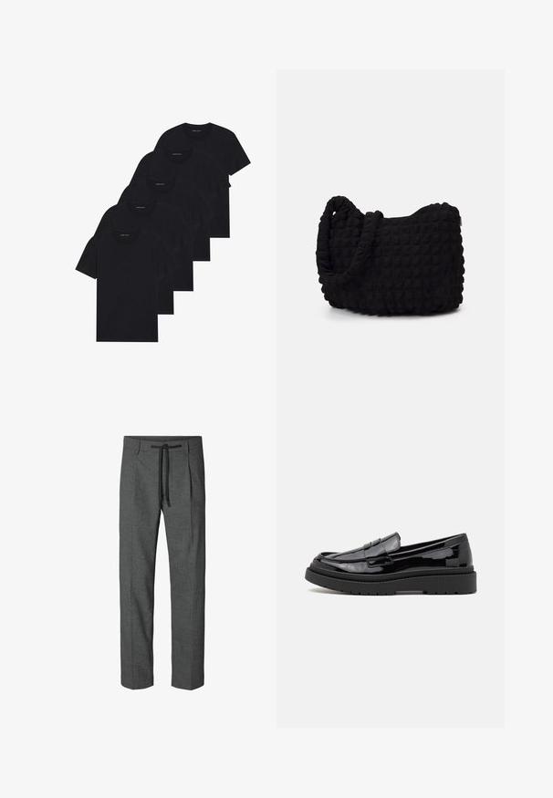 Öt darab fekete kerek nyakú póló csomag. Rövid ujjú, pamut anyagból, szabványos fazonnal. Sima textúra, látható minták vagy díszítések nélkül.; Szürke, testre szabott nadrág, textúrált mintázattal, húzózsinóros derékkal és két oldalzsebbel. Egyenes szabás, nincs szegés.; Fekete lakk bőr loaferek lekerekített orral, díszcsíkkal és vastag fekete gumitalppal. Sima, fényes felület minimális varrással.; Fekete szövet táska texturált, steppelt mintával. Kerek formájú, rövid, vastag fogantyúkkal és puha, rugalmas szerkezettel.