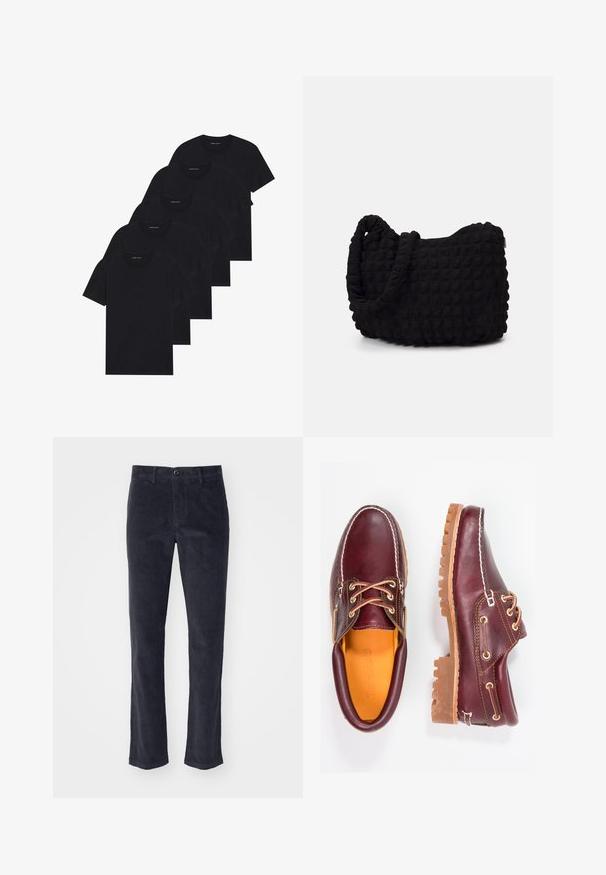 Pacote de cinco t-shirts preto de gola redonda. Mangas curtas, material em algodão, corte standard. Textura suave, sem padrões ou embelezamentos visíveis.; Calças de veludo cotelê cinza-escuras com um design de perna reta, apresentando um fecho de botão frontal e bolsos laterais. Textura suave com riscas verticais.; Sapatos de couro bordô com solas de borracha castanhas, bico arredondado, costura branca e ilhós dourados. O interior apresenta um forro amarelo.; Saco de tecido preto com um padrão texturizado e acolchoado. Forma arredondada, alças curtas e grossas, e uma estrutura macia e flexível.
