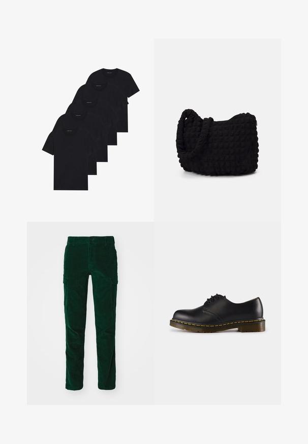 Zestaw pięciu czarnych t-shirtów z okrągłym dekoltem. Krótkie rękawy, materiał bawełniany, standardowy krój. Gładka faktura bez widocznych wzorów czy ozdób.; DOCKERS - Bojówki; Czarna skórzana półbut z okrągłym noskiem, wiązany, z żółtym przeszyciem wzdłuż podeszwy i masywną, teksturowaną gumową podeszwą.; Czarna torba z materiału o fakturowanym, pikowanym wzorze. Owalny kształt, krótkie, grube rączki oraz miękka, elastyczna struktura.