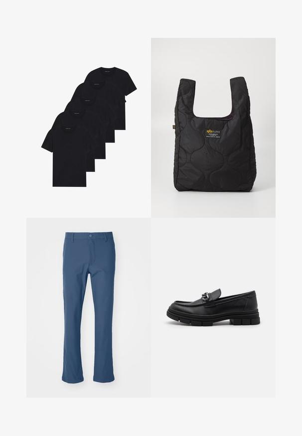 Pak od pet crnih majica s okruglim izrezom. Kratki rukavi, pamuk, standardni kroj. Glatka tekstura bez vidljivih uzoraka ili ukrasa.; Plave ravne hlače od glatkog materijala s kopčanjem na gumb i patentnim zatvaračem. Ima bočne džepove i čist, krojeni dizajn.; Crne kožne mokasine s zaobljenim vrhom, dekorativnom trakom i hardverom, te masivnom teksturiranom potplatom. Glatka površina s suptilnim detaljima.; Crna torba s kvadratnim uzorkom s velikim otvorom, zakrivljenim oblicima na površini i oznakom na prednjoj strani koja sadrži žuti i bijeli tekst.
