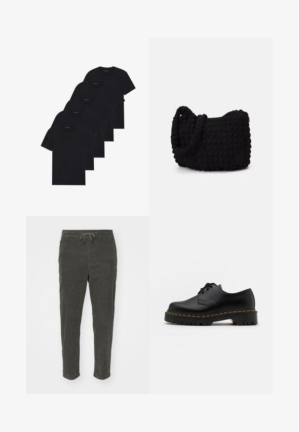 Pack of five black crew-neck t-shirts. Short sleeves, cotton material, standard fit. Smooth texture with no visible patterns or embellishments.; Corduroy trousers in dark green, featuring an elastic waistband with drawstring and tapered legs. Textured surface with vertical ribbing.; Black leather lace-up shoe with a rounded toe, textured rubber sole, and yellow stitching around the base. Flat design and smooth finish.; Black fabric bag with a textured, quilted pattern. Rounded shape, short, thick handles, and a soft, flexible structure.