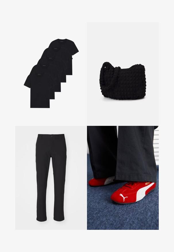 Confezione di cinque t-shirts nere a girocollo. Maniche corte, materiale in cotone, vestibilità standard. Texture liscia senza motivi o abbellimenti visibili.; Pantaloni neri realizzati in un tessuto morbido, dotati di chiusura con bottone, con una vestibilità slim dritta e senza modelli o accenti visibili.; Sneakers in camoscio rosso con accenti bianchi, caratterizzati da materiale testurizzato, punta rotonda e un logo dorato di lato, indossati con pantaloni neri.; Borsa in tessuto nero con un motivo trapuntato e texture. Forma arrotondata, manici corti e spessi, e una struttura morbida e flessibile.