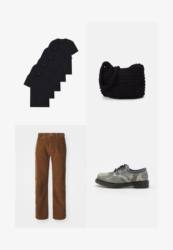 Pack of five black crew-neck t-shirts. Short sleeves, cotton material, standard fit. Smooth texture with no visible patterns or embellishments.; Levi's® Straight leg jeans - karla brown; Lace-up shoe made of textured gray fabric with black accents, a thick rubber sole, and white stitching details. Rounded toe design.; Black fabric bag with a textured, quilted pattern. Rounded shape, short, thick handles, and a soft, flexible structure.