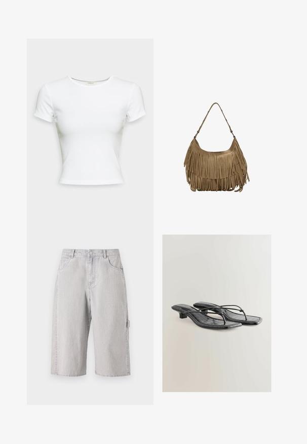 Bela kratka majica s kratkimi rokavi, izdelana iz gladkega bombažnega blaga. Ima preprost okrogli izrez in prilega se telesu. Brez vzorcev ali dodatkov.; Svetlo sivi denim šortsi s ležernim fitom, z zasnovo petih žepov in stranskim žepom za tovor. Teksturirana tkanina z rahlim zbledelostjo.; Črne sandaale z usnjem iz umetnih materialov, ki se zavežejo okoli gležnja, z vzorcem krokodila, kvadratnimi prsti in nizkim petkom. Imajo tanke trakove, ki povezujejo podplat.; Rjava zamskasta torbica z dolgimi resicami, ukrivljenim oblikovanjem in enim naramnim trakom. Ima gladko, teksturirano površino.
