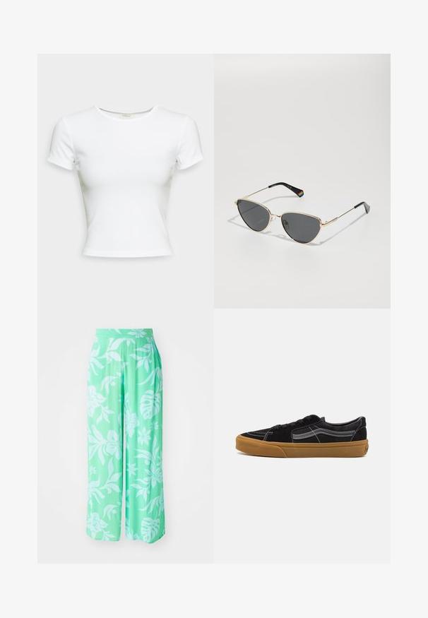 Fehér, rövid ujjú póló sima pamut anyagból. Egyszerű, kerek nyakú szabása és testhez simuló fazonja van. Nincsenek minták vagy díszítések.; Világoszöld, bő szabású nadrág fehér virágmintával. Texturált anyagból készült, rugalmas derékkal és laza illeszkedéssel.; Fekete velúr sportcipők fehér steppelésekkel és jellegzetes oldalsávval, bézs gumitalppal és alacsony felsőrészes kialakítással. Fekete cipőfűzőkkel húzva.; Aranyszínű fémkeretes napszemüveg sötét lencsékkel, macskaszem formájú, fekete szárakkal, amelyek egyik oldalán szivárványos akcentussal.; Ezüst karika fülbevalók csavart kialakítással, fényes felülettel és fülbevaló tűzáras zárással. Átmérőjük körülbelül 3 cm.