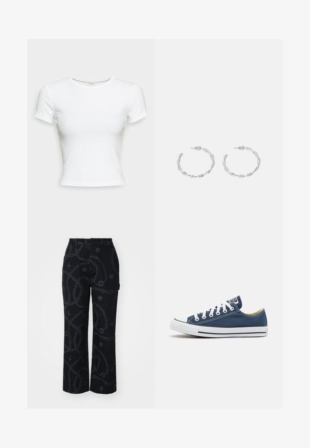 Tricou alb cu mânecă scurtă, confecționat dintr-o țesătură de bumbac neted. Are un guler rotund simplu și o croială ajustată. Fără modele sau accente.; Pantaloni largi negri, confecționați dintr-un material cu un model de lanț întunecat și accente cu embleme rotunde. Inclusă închidere cu nasture și buzunare laterale.; Adidași din pânză de culoare albastru marin cu ochiuri și șireturi albe, având o vârf din cauciuc alb și o bandă neagră pe talpă.; Cercei din argint cu un design torsadat, având un finisaj lucios și închidere cu tijă. Au un diametru de aproximativ 3 cm.