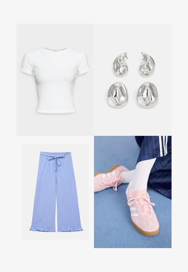 Hvit t-skjorte med korte ermer laget av glatt bomullsstoff. Den har en enkel, rund hals og en tettsittende fasong. Ingen mønstre eller detaljer.; Lyseblå vide bukser med hvite vertikale striper, med et stoffbelte i livet og volanger nederst. Lett, glatt tekstur.; Lys rosa semskede sneakers med hvite striper og snørebånd, med en teksturert tunge og en gummisåle, plassert på et blått teppe.; Sølvøredobber med to tåreformede og to avrundede former, alle med en polert, reflekterende overflate og glatt tekstur.