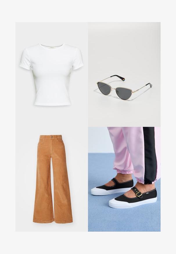 T-shirt blanc à manches courtes en coton lisse. Il présente un col rond simple et une coupe ajustée. Aucun motif ni accent.; Pantalons en velours côtelé à jambes larges dans une teinte marron chaud, avec une taille haute, fermeture à bouton et deux poches avant. Texture lisse et détails de coutures visibles.; Baskets noires en toile avec une semelle blanche, présentant un design découpé et une sangle en boucle dorée. Portées avec un pantalon de survêtement rose.; Lunettes de soleil en métal doré avec des verres foncés, en forme d'œil de chat, et branches noires avec un accent arc-en-ciel d'un côté.; Boucles d'oreilles en argent en forme de créoles avec un design torsadé, dotées d'une finition polie et d'une fermeture à poussoir. Mesurent environ 3 cm de diamètre.