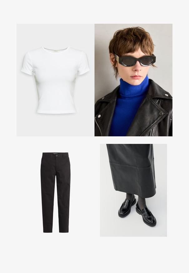 Balta trumpa rankovė t-shirt iš lygaus medvilnės audinio. Jame yra paprastas apvalus apykaklė ir prigludęs siluetas. Be raštų ar akcentų.; Juodos medvilnės kelnės su tiesia kojų forma, priekinėmis kišenėmis ir mygtukų uždarymu. Lygi tekstūra su minimaliais siuvimo elementais.; Juodos odinės loafer bateliai su glotniu paviršiumi, dekoratyvine juostele, apvalia nosimi ir tekstūruotu padu. Dėvimi su ilga juoda odine sijonu.; Juodi akiniai nuo saulės su apvaliais kraštais ir tonuotais lęšiais. Su auksiniu akcentu ant kojelių. Dėvimi su mėlyna raukinėta golfo tipo palaidine ir odine striuke.; Aukso spalvos žiedinės auskarai su lygiu, suapvalintu pavidalu ir blizgiu paviršiumi. Nugarinėje pusėje yra oranžinės detalės, užtikrinančios tvirtą užsegimą.