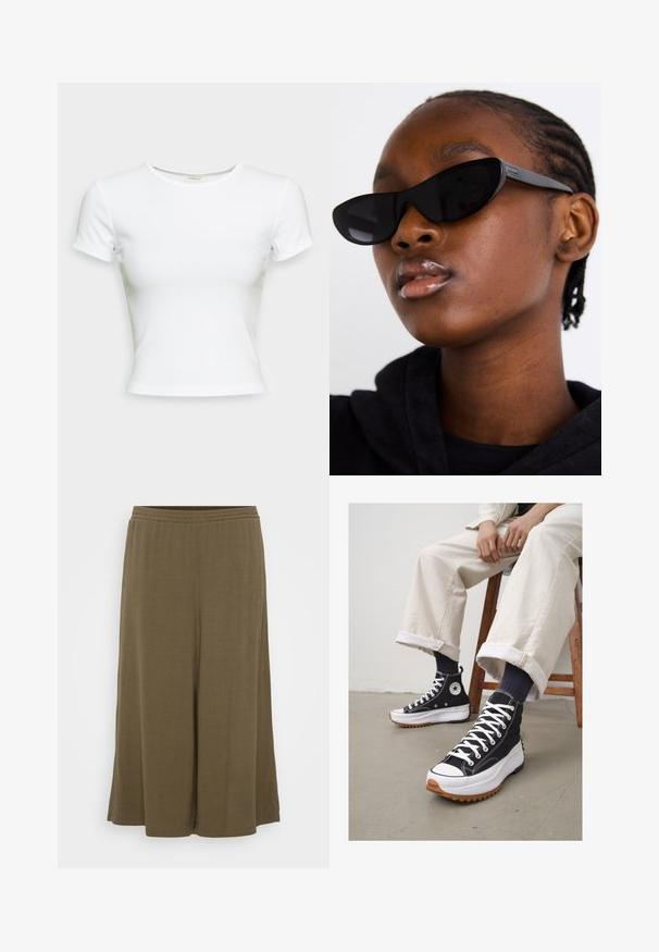 Balta trumpa rankovė t-shirt iš lygaus medvilnės audinio. Jame yra paprastas apvalus apykaklė ir prigludęs siluetas. Be raštų ar akcentų.; Alyvuogių žalios spalvos platėjančios kelnės, pagamintos iš lengvos medžiagos. Sukurtos su elastingu juosmeniu ir laisvu siluetu, pasižymi sklandžiu, plūduriuojančiu audiniu.; Juodi aukšti sportbačiai su baltais raišteliais ir guminiais pirštų gaubtais. Stori balti padai su tekstūruotu ruduo padu, dėvimi su tamsiai mėlynomis raištelinėmis kojinėmis.; Juodi katės akies akiniai su matinio paviršiaus apdaila, pasižymintys elegantišku dizainu ir švelniai išlenktais kraštais, derinami su modelio tamsiais drabužiais.; Sidabriniai auskarai su sklandžiu, poliruotu paviršiumi. Apvalios formos ir saugus uždarymo mechanizmas. Lengvas dizainas, tinkantis kasdieniam dėvėjimui.