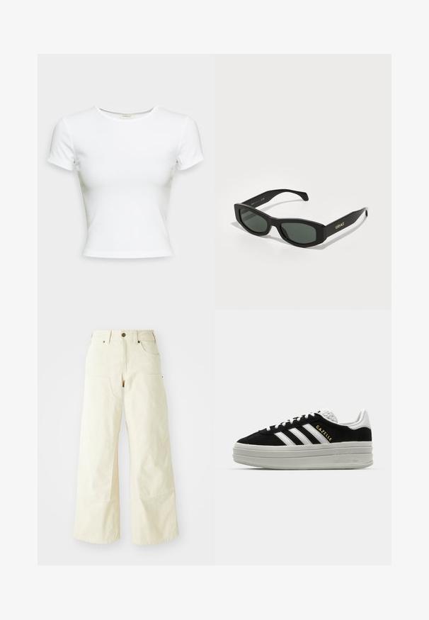 Biele tričko s krátkym rukávom vyrobené z hladkej bavlnenej tkaniny. Má jednoduchý okrúhly výstrih a priliehavý strih. Bez vzorov alebo akcentov.; Béžové nohavice s širokými nohavicami vyrobené z bavlny, s vysokým pásom, veľkými prednými vreckami a hladkou textúrou s minimálnym detailom šitia.; Čierne semišové tenisky s bielymi koženými akcentmi, tromi bielymi pruhmi, plochými šnúrkami a hrubou sivou platformou. Zlaté logo "Gazelle".; Čierne obdélnikové slnečné okuliare so zelenými sklami, s odvážnymi rámami a zlatým označením "VERSACE" na spánkoch.