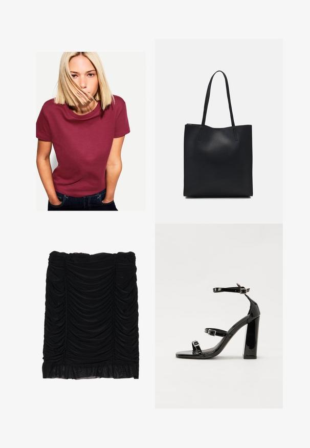 Burgundi pamut póló kerek nyakkal és rövid ujjakkal, sima textúrával és laza szabással. Kék farmerral viselve.; Fekete mini szoknya ráncolt anyaggal, fodros szegéllyel és redőzött dizájnnal. Puha anyagból készült, sima textúrával.; Fekete lakk magas sarkú szandál négyzet alakú orral, bokapántokkal és ezüst csatokat tartalmaz. Masszív blokk sarka a stabilitásért felel.; Fekete bőrtáska sima felszínnel, téglalap alakú, két hosszú füllel. Nincs látható fémkiegészítő vagy díszítés.