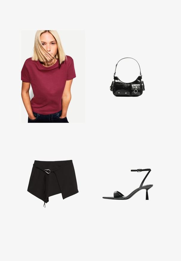 Burgundi pamut póló kerek nyakkal és rövid ujjakkal, sima textúrával és laza szabással. Kék farmerral viselve.; Fekete, puha anyagból készült, átlós szabású wrap szoknya, állítható megkötővel, ezüst színű fém díszítéssel és aszimmetrikus aljjal.; Bershka Magas sarkú szandálok - black; Fekete lakkbőr kézitáska ívelt formával, egy vállpánttal, elülső zsebekkel és ezüstszínű fémrészletekkel.