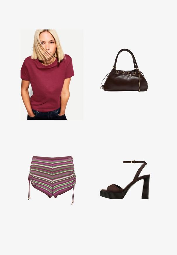Bordová bavlnená tričko s okrúhlym výstrihom a krátkymi rukávmi, s hladkým povrchom a voľným strihom. Nosené s modrými džínsami.; Pruhované plavky v odtieňoch ružovej, zelenej a hnedej. Vybavené šnúrkami na stranách a mäkkou, elastickou látkou.; Hnedé semišové sandále na vysokom podpätku s otvorenou špičkou, nastaviteľným členkovým remienkom a pruhovanou platformovou podrážkou.; Tmavohnedá kožená kabelka s hladkým povrchom, s pevnou štruktúrou, zlatým kovovým doplnkom a dvojitými uchami s reťazovým detailom.