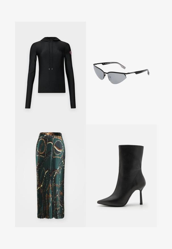 Black hooded long-sleeve top with a fitted design, featuring a front drawstring and a round logo patch in pink on the right sleeve.; Pleated midi skirt in dark green fabric featuring a chain pattern in gold and brown tones, finished with a solid waistband.; Black leather ankle boot with a pointed toe, slim stiletto heel, and smooth texture, featuring a minimalist design and no embellishments.; Black sunglasses with angular, cat-eye design. Silver mirrored lenses. Slim, lightweight plastic frames with subtle branding on the temples.; Diesel PLAY CROSSBODY - Cross body bag - black; Silver metal earrings with a smooth, teardrop shape and a polished finish. Subtle engravings add detail. Minimalist design.