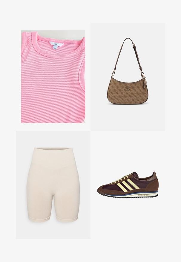 Svetlo roza rebrovana majica bez rukavov z okroglo ovratnikom, z mehko teksturo in gladkimi robovi, označena z "NEXT" znotraj ovratnika.; Bež ribane kolesarske kratke hlače z visokim pasom, z teksturiranim vzorcem in oprijetim dizajnom, ki sega do sredine stegna.; Rjavi in rdeče-burgundske teniske iz usnja in mrežastega materiala, ki imajo tri smetane stripe, teksturirano blago na jeziku in gumijast podplat.; Brašna rjave barve s vzorcem, ukrivljene oblike, nastavljivim rjavim ramenskim trakom, zadrgo in okrasnimi zlatimi dodatki.