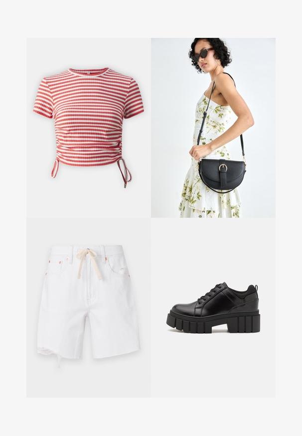 Červeno-biely pruhovaný crop top s krátkymi rukávmi, rebrovanou textúrou, zhromaždenými stranami s viazaním, okrúhlym výstrihom a priliehavým strihom.; Biele dennové šortky s surovým okrajom, z materiálu z bavlnenej zmesi a s béžovým šnúrkou. Obsahujú medené doplnky a bočné vrecká.; Čierne kožené platformy s masívnym blokovým podpätkom, okrúhlou špičkou a tradičným šnurovaním. Má hladký povrch a minimálne detaily.; Čierna kožená kabelka s zaobleným tvarom, odnímateľným popruhom a zlatými doplnkami. Kabelka má klopu s detailom s prackou.