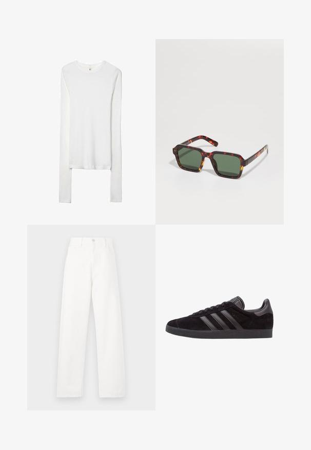 White long-sleeve t-shirt made from soft, stretchy fabric. Features a rounded neck and fitted sleeves with a simple, smooth texture.; White denim pants with a high waist, straight leg design, visible stitching, five-pocket styling, and a metal button closure.; Black suede sneakers with textured rubber soles, featuring three black leather stripes, rounded toe, and padded ankle collar.; Tortoiseshell sunglasses with square frames, green tinted lenses, and contrasting orange accents along the edges of the arms.