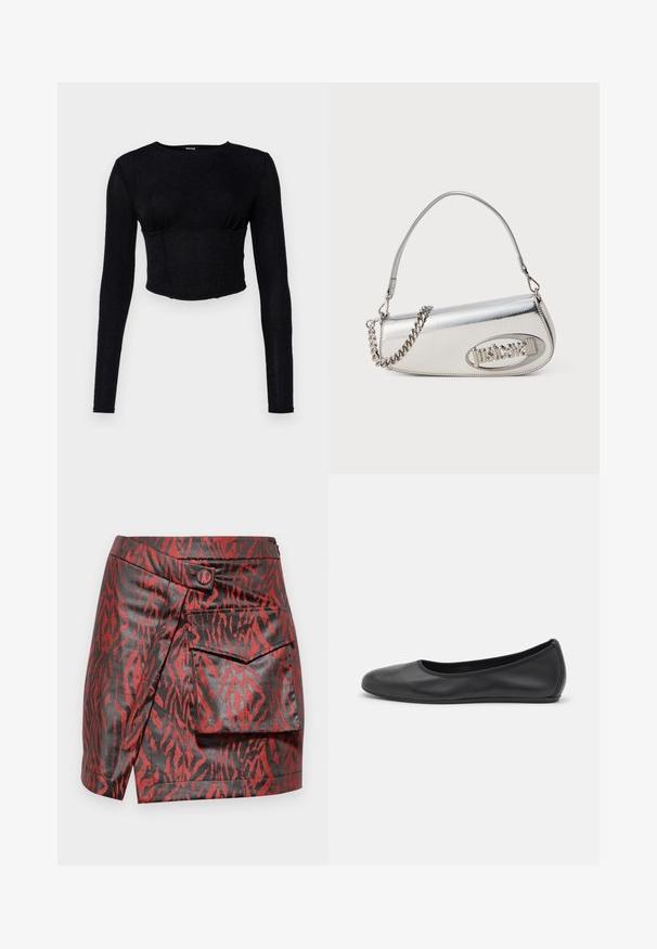 Fekete, hosszú ujjú crop top, texturált anyagból, testhez álló fazonnal és ráncolt részletekkel a mellen.; Piros és fekete műbőr szoknya tigriscsíkos mintával, átkapcsolós kialakítással, elülső gombos részlettel és oldalsó zsebbel.; Fekete bőr balettcipő lekerekített orral, sima tekstúrával, minimális varrással és rugalmas talp kialakítással.; Ezüst fémes kézitáska lekerekített háromszög alakú, logóval, láncos pánttal és sima textúrával. Oldalán cipzáras záródás.