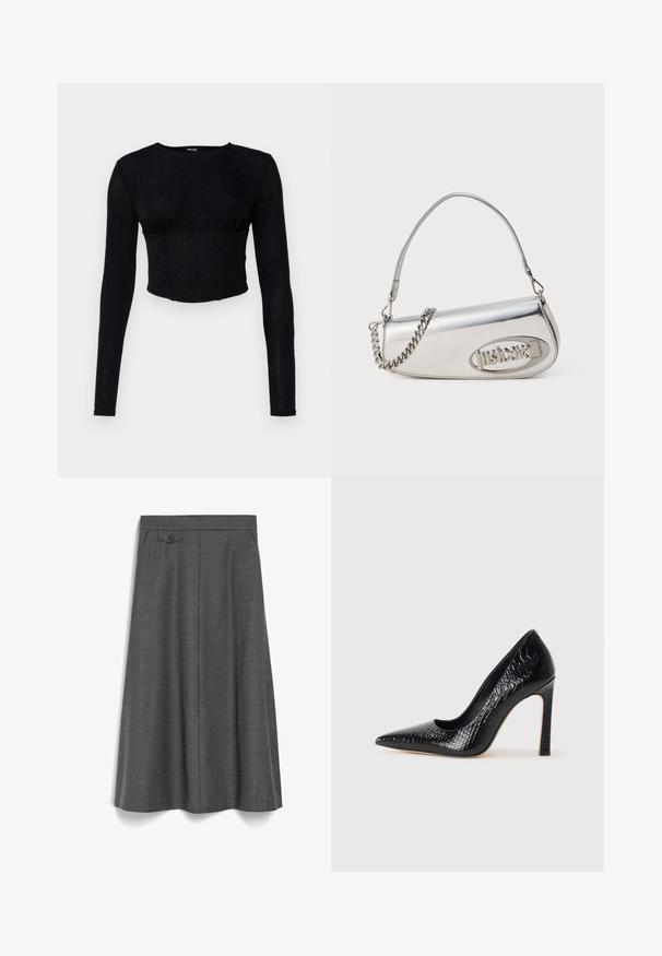 Juoda ilgomis rankovėmis trumpa palaidinė, pagaminta iš tekstūruoto audinio, su prigludusia forma ir surinkimu krūtinės srityje.; Pilko kelių ilgio sijonas, pagamintas iš tekstūruoto audinio, su priekiniais mygtukais, prigludusia liemene ir subtiliomis klostėmis, suteikiančiomis judėjimo laisvę.; Juoda smailiakulnė aukšto kulno bateliai su krokodilo odos tekstūra, pasižymintys elegantišku dizainu, aukštu stiletu kulnu ir lygia juoda vidine dalimi.; Sidabrinė metalinė rankinė apvalios trikampio formos, su logotipu, grandeline juosta ir lygiu paviršiumi. Užtrauktukas šone.