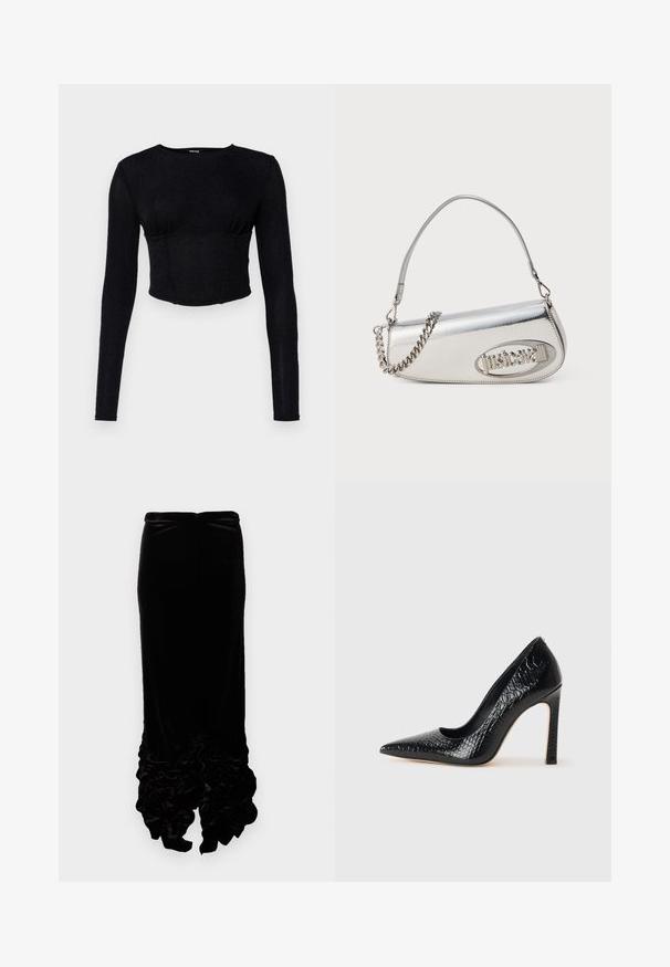 Svart langermet crop topp laget av teksturert stoff, med en tettsittende design og rynkedetaljer ved bysten.; Svart fløyelskjørt med en kroppsnær design. Har en volangkant som gir dybde og tekstur. Glatt stoff med en lett glans.; Sorte spiss-tå høye hæler med krokodilleskinn tekstur, har et elegant design, høy stiletthæl og glatt svart interiør.; Sølv metallisk håndveske med en rundet trekantform, preget av en logo, kjedehåndtak og glatt tekstur. Glidelåslukking på siden.