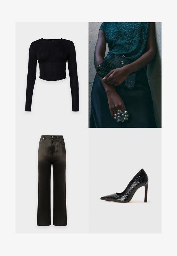 Top crop preto de manga longa feito de tecido texturizado, com um design ajustado e detalhes franzidos na área do busto.; Calças pretas de cetim de perna larga com uma cintura alta, apresentando bolsos frontais e detalhes em botão metálico. Textura suave e design elegante.; Sapato de salto alto de bico fino preto com textura de pele de crocodilo, apresentando um design elegante, salto agulha alto e interior preto suave.; Clutch bag preta com padrão de crocodilo e acessórios em prata, sostenida contra um fundo cinza texturizado. Apresenta uma superfície brilhante.