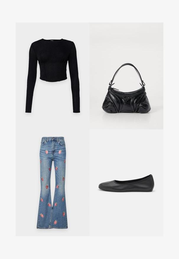 Zwarte lange mouwen crop top van gestructureerde stof, met een getailleerd ontwerp en plooidetails bij de buste.; Lichte spijkerbroeken met uitlopende pijpen, versierd met rode aarbeienborduursels. Hoog in de taille met een traditionele vijfzakkenontwerp.; Zwarte leren ballerina met een ronde neus, gladde textuur, minimale stikdetails en een flexibele zoolontwerp.; Zwarte handtas van gestructureerd leer met een afgeronde vorm. Beschikt over een dunne schouderband en decoratieve reliëfpatronen.