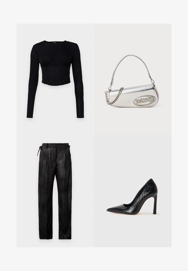 Zwarte lange mouwen crop top van gestructureerde stof, met een getailleerd ontwerp en plooidetails bij de buste.; Zwarte, hoge broeken gemaakt van een gestructureerd materiaal. Heeft een rechte pijp, plooien en een verstelbare koord in de taille.; Zwarte puntige hoge hak schoen met een krokodillenleren textuur, met een slank ontwerp, hoge stiletto-hak, en een gladde zwarte binnenkant.; Zilverkleurige metalen handtas met een afgeronde driehoekige vorm, voorzien van een logo, een kettingriem en een gladde textuur. Ritssluiting aan de zijkant.