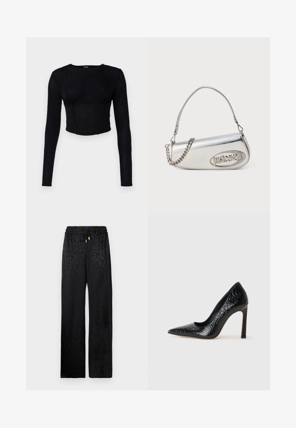 Must mustriga pikkade varrukatega crop-top, mis on valmistatud tekstureeritud kangast, millel on liibuv disain ja kogutud detailid rinnaosas.; Mustad laiad püksid siledast kangast, millel on peen leopardimuster, elastse vöökoha ja reguleeritava nöörkinnitusega.; Mustan teravaotsaga kõrge kontsaga king, millel on krokodillimustriga tekstuur, stiilne disain, kõrge stilettokonts ja sile must sisesisustus.; Hõbedane metallist käekott, millel on ümar kolmnurkne kujundus, millel on logo, kettrihm ja sile tekstuur. Küljel on lukuga sulgur.