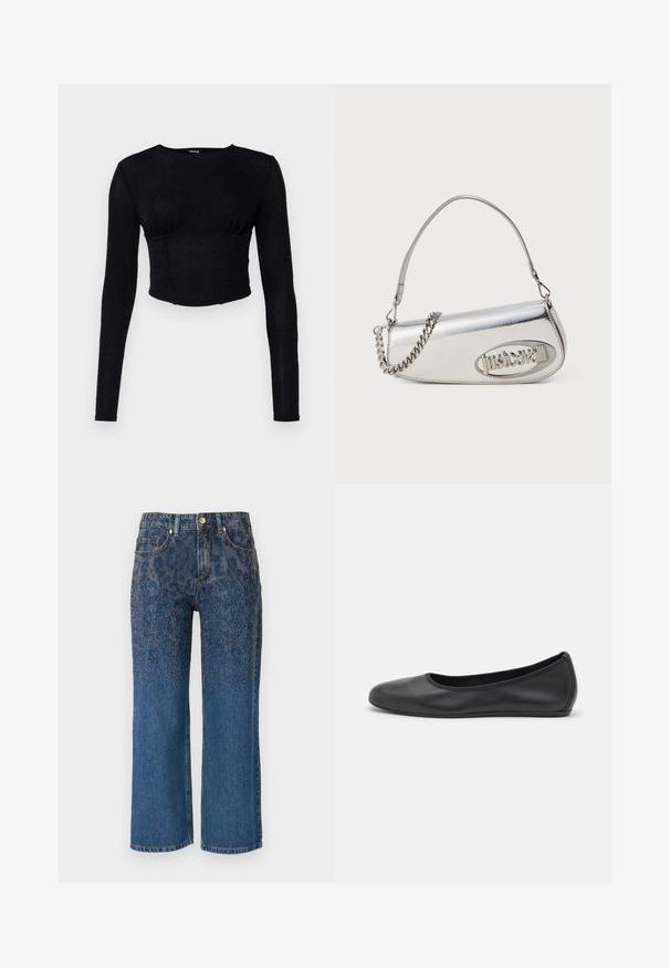 Juoda ilgomis rankovėmis trumpa palaidinė, pagaminta iš tekstūruoto audinio, su prigludusia forma ir surinkimu krūtinės srityje.; Džinsiniai džinsai su tiesiu kirpimu. Tamsiai mėlynas audinys turi subtilų mažų metalo kniedžių raštą viršuje, kuris palaipsniui išnyksta žemyn.; Juodai odiniai baletai su apvaliu pirštu, lygi texture, minimalus siuvimo detales ir lanksčiu padų dizainu.; Sidabrinė metalinė rankinė apvalios trikampio formos, su logotipu, grandeline juosta ir lygiu paviršiumi. Užtrauktukas šone.