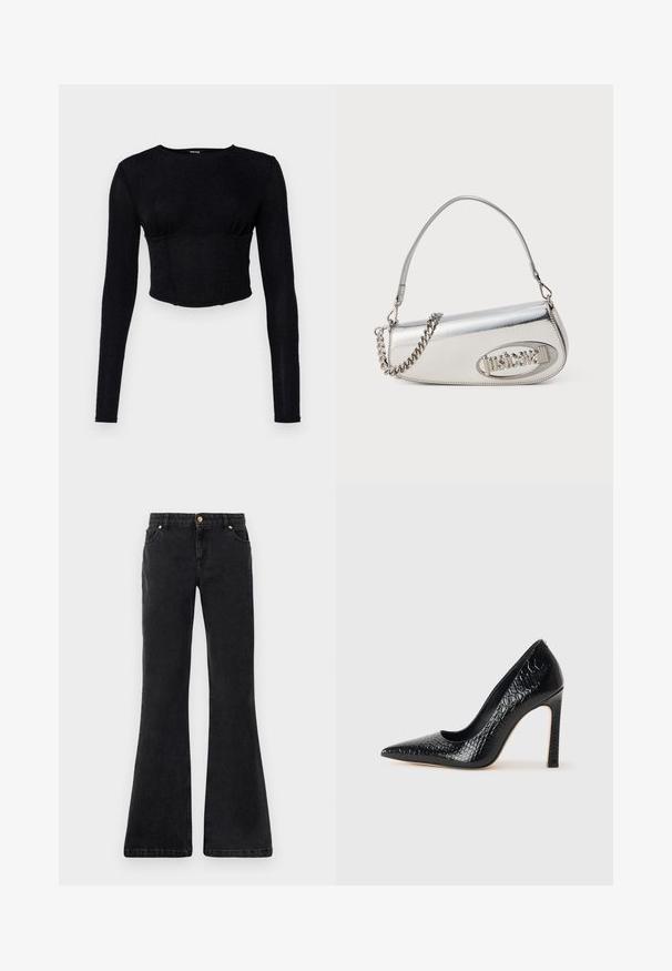 Svart langermet crop topp laget av teksturert stoff, med en tettsittende design og rynkedetaljer ved bysten.; Sorte, utsvingte denimjeans med fem lommer, frontknapplukking og kontraststing. Stoffet har en glatt tekstur.; Sorte spiss-tå høye hæler med krokodilleskinn tekstur, har et elegant design, høy stiletthæl og glatt svart interiør.; Sølv metallisk håndveske med en rundet trekantform, preget av en logo, kjedehåndtak og glatt tekstur. Glidelåslukking på siden.