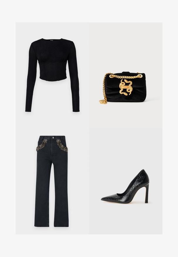 Čierny dlhý rukáv elastický crop top z textúrovanej látky, s priliehavým strihom a zhrnutím v oblasti poprsia.; Tmavomodré džínsy s rovnými nohavicami, ktoré majú zdobené vrecká s precízne vypracovanými korálkami a flitrami.; Čierna lodička s špicatou špičkou a lakovanou textúrou krokodíla, s elegantným dizajnom, vysokým stiletto podpätkom a hladkým čiernym interiérom.; Čierna zamatová kabelka so zlatým hadím dizajnom na zatváraní a reťazovou šnúrkou; má mäkký, textúrovaný povrch a skladaciu chlopňu na uzatváranie.