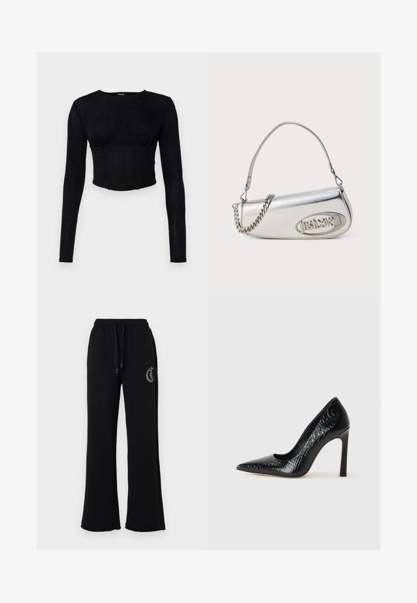 Svart langermet crop topp laget av teksturert stoff, med en tettsittende design og rynkedetaljer ved bysten.; Svarte joggebukser med en avslappet passform, elastisk midje, snor i livet og side-logo utsmykning. Laget av myk og komfortabelt stoff.; Sorte spiss-tå høye hæler med krokodilleskinn tekstur, har et elegant design, høy stiletthæl og glatt svart interiør.; Sølv metallisk håndveske med en rundet trekantform, preget av en logo, kjedehåndtak og glatt tekstur. Glidelåslukking på siden.