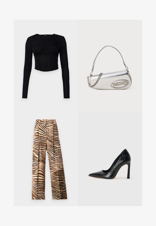 Must mustriga pikkade varrukatega crop-top, mis on valmistatud tekstureeritud kangast, millel on liibuv disain ja kogutud detailid rinnaosas.; Laiad püksid beeži ja pruuni zebratriibulise mustriga, pleatide, kõrge vöökoha ja sileda, läikiva tekstuuriga.; Mustan teravaotsaga kõrge kontsaga king, millel on krokodillimustriga tekstuur, stiilne disain, kõrge stilettokonts ja sile must sisesisustus.; Hõbedane metallist käekott, millel on ümar kolmnurkne kujundus, millel on logo, kettrihm ja sile tekstuur. Küljel on lukuga sulgur.