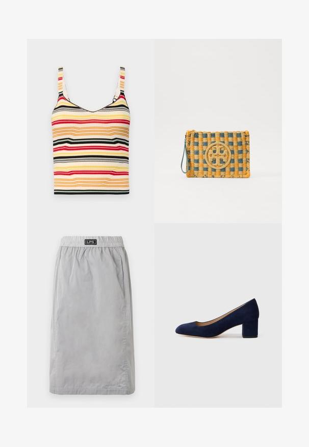 Gestreifter, verkürzter Tank-Top mit breiten Trägern in Gelb, Rot, Schwarz und Creme. Gerippte Textur und runder Ausschnitt.; Grauer, knielanger Rock aus leichtem Material, mit einem elastischen Bund und seitlichen Taschen. Markenlabel "LPS" am Bund.; Marineblaue Wildleder-Pumps mit spitzem Zehenbereich und einem mittelhohen Blockabsatz. Glatte Textur mit einem subtilen Glanz und einem kleinen Ausschnitt an der Vorderseite.; Tory Burch ELLA POUCH - Clutch - deep turquoise