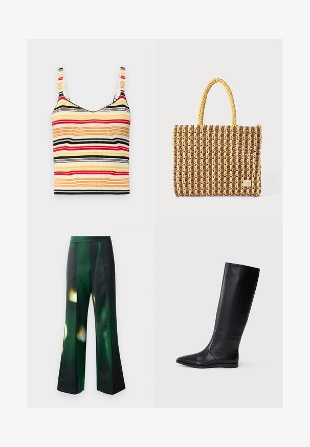Top cropped listrado com alças largas em amarelo, vermelho, preto e creme. Textura canelada e decote arredondado.; Calças flare em tecido de cetim verde e preto com um padrão abstrato, apresentando uma textura suave e uma cintura estruturada.; Bota preta de couro até ao joelho com bico fino e design minimalista. Textura suave e sola plana, apresentando discretos detalhes de costura lateral.; Saco tecido em castanho e amarelo, com uma forma retangular, duas alças, e um acabamento texturizado com costura visível e uma etiqueta da marca.