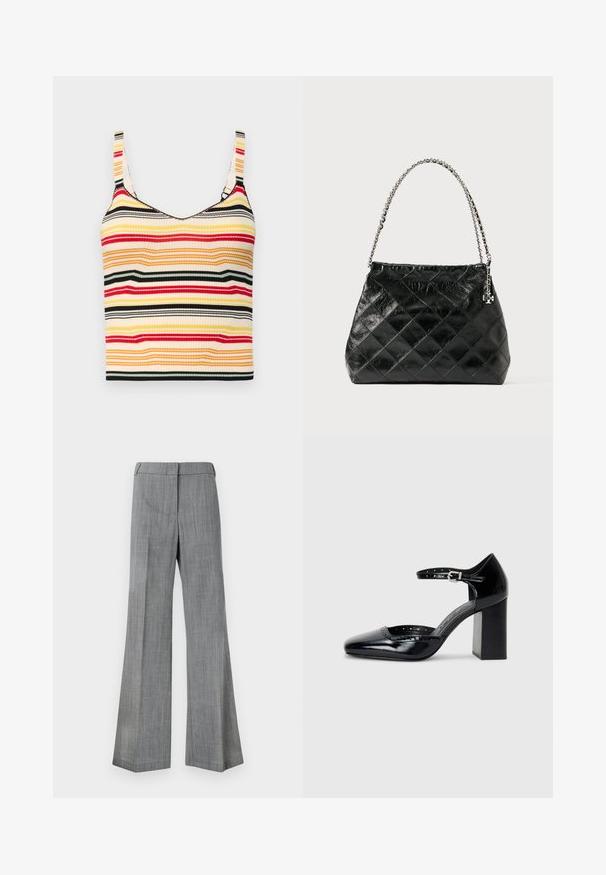 Raikkaasti raidoitettu lyhyt tank top, jossa on leveät olkaimet keltaisessa, punaisessa, mustassa ja kreemissä värissä. Nupukangas ja pyöreä kaula-aukko.; Harmaat, leveät housut, jotka on valmistettu teksturoidusta kankaasta. Ne sisältävät sileän vyötärönauhan ja hienovaraisen raidallisen kuvion.; Musta lakattu nahkainen korkokenkä neliskanttisen kärjen, nilkkaremmin ja paksun koron kanssa. Mukana reikäkuviointi reunassa.; Musta tikattu nahkalaukku, jossa hopeinen ketjuvannettava, rakenteellinen muotoilu ja sileä pinta.