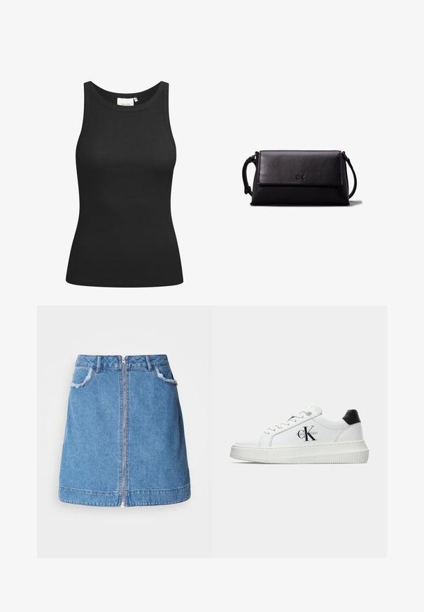 Musta hihaton paita ribbikankaasta, jossa on pyöreä kaula-aukko ja istuva muoto. Tasasaumat ja ei koristeita. Yksinkertainen ja tyylikäs muotoilu.; Vaaleansininen farkkuhame, jossa on etuvetoketju, repsottavat taskureunat ja suora leikkaus. Hameen helma on hieman kaareva.; Valkoiset matalat tennarit, joissa on musta kantapää, alustasolki, nauhat ja Calvin Kleinin "CK" logo sivuilla.; Musta nahkainen clutch-laukku, jossa on suorakulmainen muoto, sileä pinta, litteä läpän sulkumekanismi ja pieni kahva sivussa. Mukana hienovarainen logo.